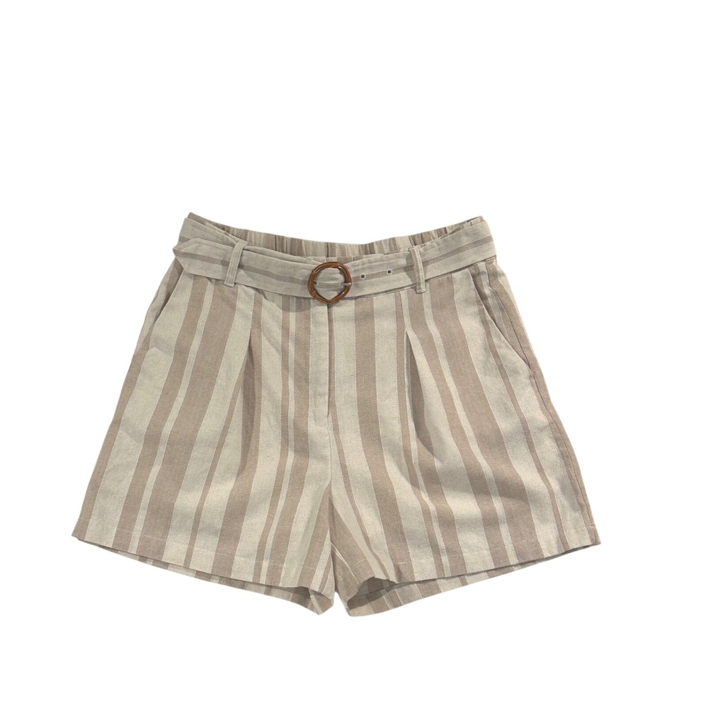 VICI Womens Large Tan White Striped Linen Blend Belted High Rise Shorts